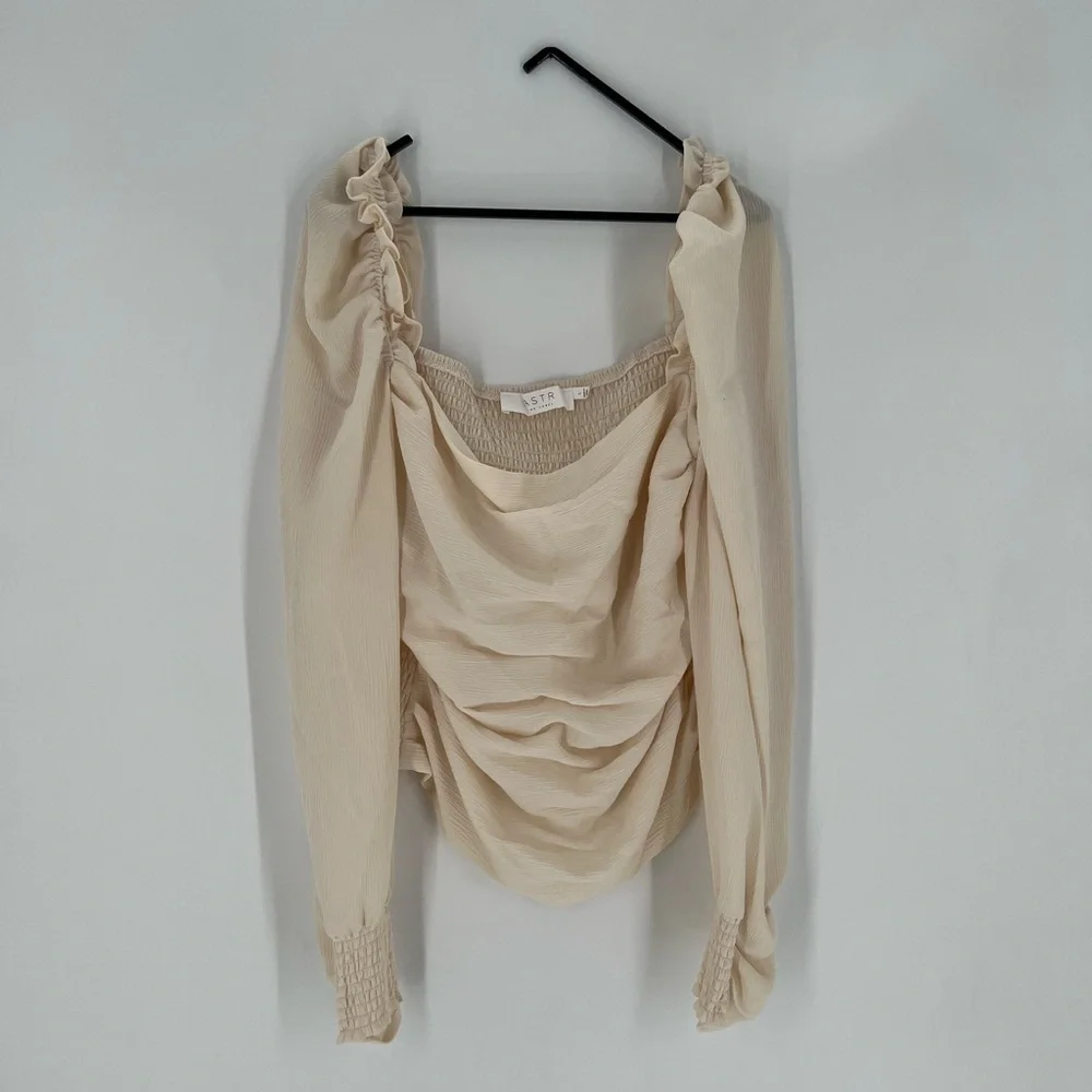 ASTR Puff Sleeve Square Neck Ruched Draped Smocked Blouse Top
